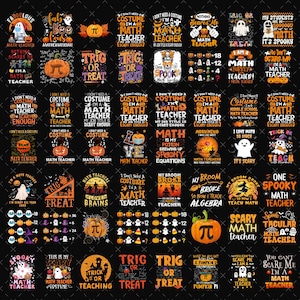 May include: A collection of black t-shirts with Halloween-themed designs for math teachers. The designs include ghosts, pumpkins, and phrases like "I'm a math teacher" and "Trig or Treat."