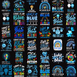May include: A collection of graphic designs on a black background, promoting autism awareness. The designs feature the phrases "Light It Up Blue" and "Autism Awareness" in various fonts and styles, with blue and colorful accents.
