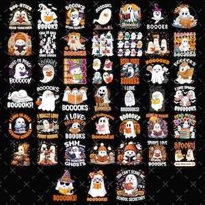 Peut inclure: Une collection de motifs sur le thème d'Halloween avec des fantômes lisant des livres. Les motifs incluent des phrases comme "Boo-sties", "Spooky Stories" et "I Love Halloween". La palette de couleurs comprend l'orange, le blanc et le noir, créant une esthétique festive et ludique.