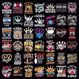 May include: A collection of bowling-themed designs on a black background. The designs feature bowling pins, balls, and phrases like "Bowling Besties," "Gutter Girl," and "Spare Shirt." The color palette includes pink, blue, and white.