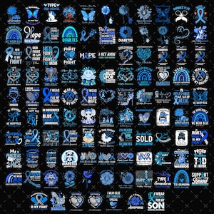 May include: A collection of blue-themed graphics and text designs, many featuring ribbons and text related to diabetes awareness. The designs include phrases like "I wear blue" and "Diabetes Awareness" on a black background.