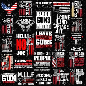 May include: A series of graphic designs on a black backdrop, featuring firearms, American flags, and text. Phrases include "Black Guns Matter," "I Have Too Many Guns," and "2nd Amendment." The designs are in red, white, and black.