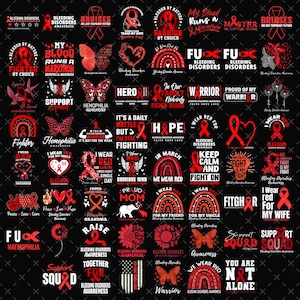 May include: A collection of red and black graphics related to bleeding disorders awareness. Designs include ribbons, hearts, butterflies, and text such as "Warrior," "Support," and "We Wear Red."