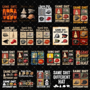 Könnte beinhalten: Eine Sammlung von Grafiken mit verschiedenen Hüten und dem Text "SAME SHIT. DIFFERENT HAT." Die Designs beinhalten Bilder von KKK-Hauben, Totenköpfen und anderen Symbolen, mit einer Vielzahl von Hutstilen.