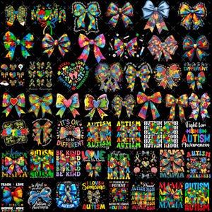 May include: A collection of colorful bows and graphic designs on a black background. The bows feature puzzle piece patterns and ribbons, with text like "Autism Awareness", "Be Kind", and "Love".