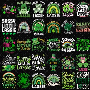 Op de afbeelding: Een verzameling afbeeldingen met het thema St. Patrick's Day met de tekst "Sassy Little Lassie". Ontwerpen omvatten regenbogen, klavers, leprechaun hoeden en het woord "Lassie" in verschillende lettertypen en kleuren, voornamelijk groen, wit en roze.