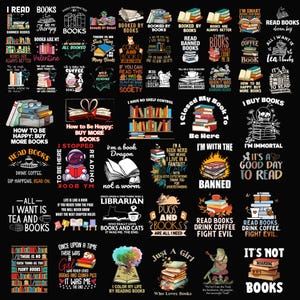 Paquete de más de 50 citas de libros PNG, imágenes prediseñadas de lectura, sublimación de libros, PNG de libros divertidos, PNG de biblioteca, pegatinas para amantes de los libros
