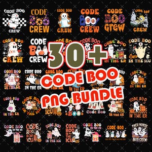 Puede incluir: Una colección de diseños PNG con temática de Halloween con el texto "Code Boo" y "PNG Bundle". Los diseños presentan fantasmas, calabazas y elementos médicos, perfectos para los trabajadores de la salud. Los diseños son en naranja, blanco y negro.
