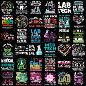 Op de afbeelding: Een verzameling grafische ontwerpen met laboratoriumthema's. De ontwerpen bevatten tekst zoals "Lab Tech", "Medical Laboratory Scientist" en "Doctors and Nurses". Het kleurenpalet omvat zwart, wit en diverse heldere kleuren, met afbeeldingen van laboratoriumapparatuur.