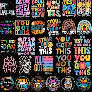 Puede incluir: Una colecci&oacute;n de dise&ntilde;os gr&aacute;ficos coloridos con frases motivadoras para el d&iacute;a del examen. Los dise&ntilde;os incluyen frases como "You Got This" e "It's Test Day" en varios estilos, con detalles florales y de caras sonrientes.