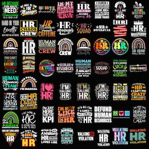 May include: A collection of colorful HR-themed graphic designs on a black background. The designs feature text like "HR Manager," "Human Resources," and humorous phrases. The designs are in various fonts and styles, with rainbow and heart motifs.