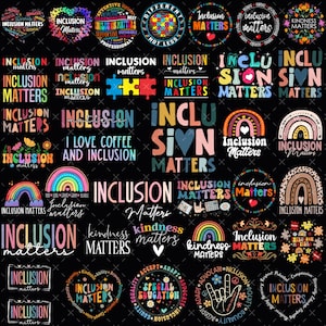Puede incluir: Una colección de diseños gráficos coloridos con las palabras "Inclusion Matters" en varias fuentes y estilos. Algunos diseños incluyen arcoíris, corazones, piezas de rompecabezas y la frase "I Love Coffee and Inclusion". Los diseños están sobre un fondo negro.