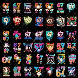 May include: A collection of colorful digital designs featuring the number 67 with baseball-themed elements. Designs include baseballs, bats, gloves, and text like "Six Seven" and "Happy Day of School". The designs are on a black background.
