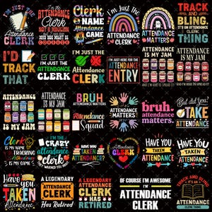 Pu&ograve; includere: Una collezione di grafiche colorate con testo relativo agli addetti alle presenze. I disegni presentano frasi come "Attendance Matters", "I'm Just the Attendance Clerk" e "Track and Bling". I disegni utilizzano vari font e colori.