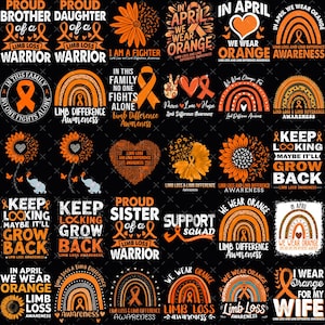 Puede incluir: Una colección de gráficos naranjas y blancos sobre un fondo negro, que promueven la concienciación sobre la pérdida de extremidades. Los diseños incluyen cintas, arcoíris, girasoles y texto como "We Wear Orange".