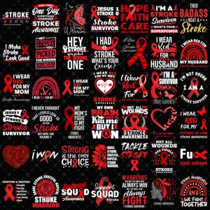 Puede incluir: Una colección de gráficos rojos y negros con texto relacionado con la concienciación sobre los accidentes cerebrovasculares. Los diseños incluyen cintas, corazones y frases como "Stroke Survivor" e "I Wear Red". El tema general es el apoyo y la concienciación.