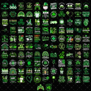 Puede incluir: Una colección de gráficos y diseños de texto verdes con temática del Día de San Patricio sobre un fondo negro. Los diseños incluyen tréboles, duendes y frases como "Lucky", "Irish" y "Shenanigans."