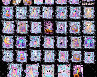 Paquete de más de 40 fantasmas iridiscentes PNG, coqueta de Halloween de temporada espeluznante, Halloween femenino PNG, fantasma lindo PNG, gráfico digital de neón retro