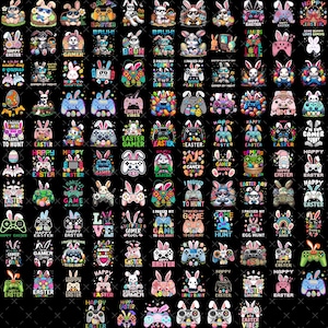 Puede incluir: Una colección de coloridos diseños con temática de Pascua, con conejitos, mandos de videojuegos y texto. Los diseños incluyen frases como "Felices Pascuas", "Easter Gamer" y "I Paused My Game". Las imágenes están sobre un fondo negro.