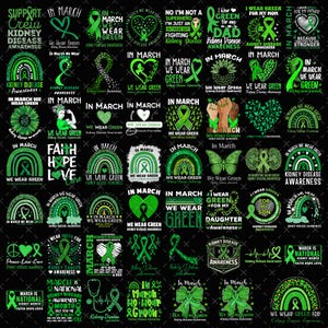 Op de afbeelding: Een verzameling groene ontwerpen en tekstelementen, waaronder linten, harten en regenbogen, die het bewustzijn van nierziekten bevorderen. De zinnen "We Wear Green" en "In March" zijn prominent aanwezig, samen met andere ondersteunende berichten.