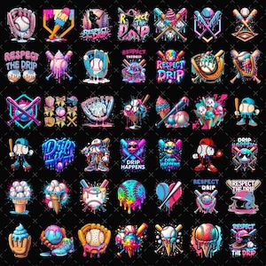 May include: A collection of baseball-themed graphic designs with a vibrant, neon color palette. The designs include baseballs, bats, gloves, and ice cream cones, with text that reads "Respect the Drip" and "Drip Happens."