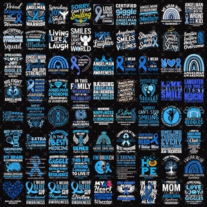 Op de afbeelding: Een verzameling blauwe en witte grafische ontwerpen met tekst over Angelman Syndroom bewustwording. De ontwerpen bevatten zinnen als "Ik draag blauw" en "Glimlach".