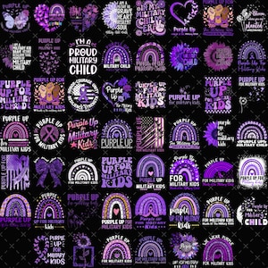 Peut inclure: Une collection de graphiques violets et blancs avec du texte, comprenant des arcs-en-ciel, des cœurs et des phrases comme "Purple Up" et "Proud Military Child". Les motifs sont pour les enfants de militaires et présentent divers styles.