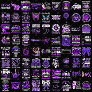 May include: A selection of purple graphics and text designs focused on Fibromyalgia awareness. The designs feature phrases such as "Fibro Warrior," "I Wear Purple," and "Support Squad," alongside various symbols and illustrations.