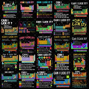 May include: A black background features multiple colorful periodic table charts, each with the phrase "CAN I LICK IT?" and a disclaimer about the safety of licking the elements. The charts are arranged in a grid.