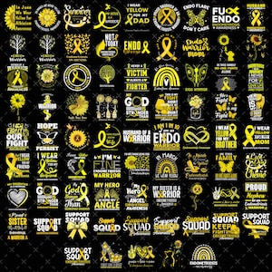 May include: A collection of yellow ribbon and text designs on a black background, promoting endometriosis awareness. The designs include phrases like "Endo Warrior," "Support Squad," and "I Wear Yellow."