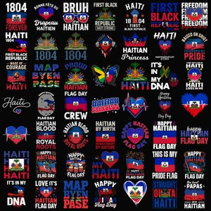 May include: A collection of graphic designs featuring Haitian flags, hearts, and patriotic phrases. The designs are in red, blue, and white, with text such as "Haiti," "Flag Day," and "Freedom." The overall theme is Haitian pride and heritage.