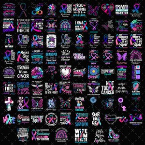 May include: A collection of colorful graphic designs with text and ribbons, promoting thyroid cancer awareness. The designs feature phrases like "Support Squad," "I am a Thyroid Cancer Survivor," and "Fight Like a Boss."
