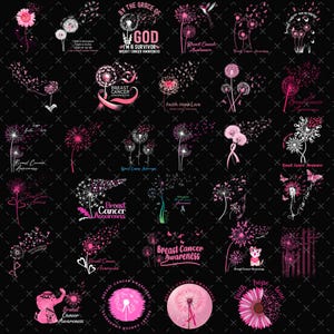 Puede incluir: Una colección de diseños de diente de león rosas y blancos sobre un fondo negro, con texto relacionado con la concienciación sobre el cáncer de mama. Los diseños incluyen dientes de león con cintas, mariposas y las frases "Breast Cancer Awareness", "Faith Hope Love" e "I'm a Survivor".