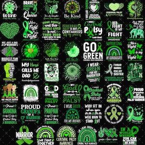 Op de afbeelding: Een verzameling groene graphics en tekstontwerpen, waaronder linten, harten en inspirerende citaten, allemaal gericht op bewustwording van cerebrale parese. De ontwerpen zijn gerangschikt op een zwarte achtergrond.