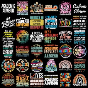 Può includere: Una collezione di grafiche colorate con testo relativo all'orientamento accademico. I design presentano frasi come "Academic Advisor", "Best Academic Advisor Ever" e citazioni umoristiche. La tavolozza dei colori comprende nero, bianco e vari colori vivaci.