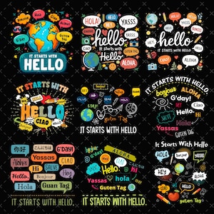 Op de afbeelding: Negen grafische ontwerpen op een zwarte achtergrond, elk met het woord "hallo" in verschillende stijlen en talen. Ontwerpen omvatten globes, tekstballonnen en zinnen als "Bonjour" en "Aloha."
