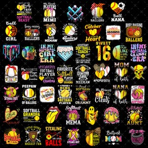 50+ softbal png-bundel, softballiefhebber, softbalfamilie, softbalvibes png, softbalcoquette, sportshirtontwerp png, digitaal bestand