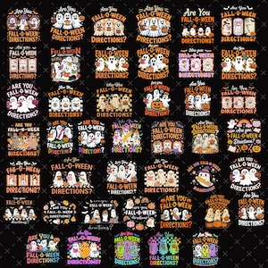 May include: A collection of Halloween-themed designs on a black background. Each design features ghosts, pumpkins, and the phrase "Are You Fall-O-Ween Directions?" in various fonts and arrangements, perfect for spooky season.