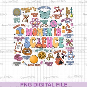 Pode incluir: Uma ilustração colorida de mulheres na ciência. A ilustração apresenta um círculo com as palavras "Women in Science" em um arco-íris de cores. O círculo é cercado por imagens de mulheres cientistas e suas descobertas, incluindo Marie Curie, Ada Lovelace e Katherine Johnson. A ilustração é uma celebração das contribuições das mulheres para a ciência.