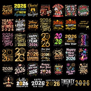 以下が含まれることがあります： さまざまなスタイルの新年2026のデザインのコレクションです。「新年あけましておめでとうございます2026」、「こんにちは2026」、「新年おめでとう！」などのテキストが特徴です。カラーパレットには、ゴールド、ブラック、鮮やかな色合いが含まれています。