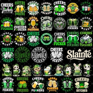 Pode incluir: Uma coleção de designs com o tema do Dia de São Patrício com canecas de cerveja, trevos e a palavra "Cheers". Alguns designs incluem o texto "F*ckers" e animais de desenho animado com cerveja verde. Os designs são em verde, branco e amarelo.
