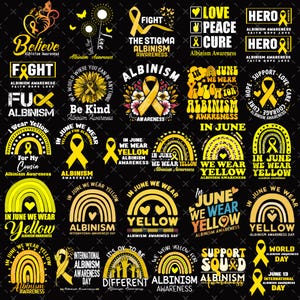 Puede incluir: Una colección de diseños de cintas amarillas y texto sobre un fondo negro. Los diseños incluyen frases como "Believe", "Fight" e "In June We Wear Yellow" para promover la concienciación sobre el albinismo.