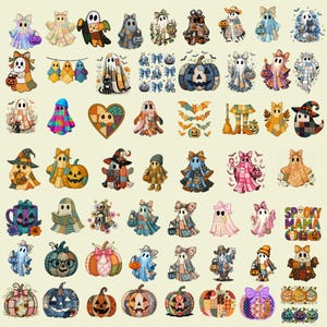Op de afbeelding: Een verzameling Halloween-stickers met geesten, pompoenen, vleermuizen en strikken. De stickers zijn in verschillende kleuren en patronen, waaronder patchwork en bloemmotieven. Sommige stickers hebben de tekst "Spooky Mama".
