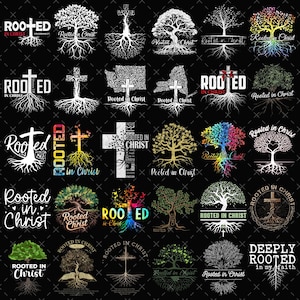 May include: A collection of black and white graphic designs featuring trees, crosses, and the phrase "Rooted in Christ." The designs vary in style, with some incorporating colorful elements and state outlines.