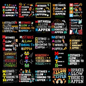 May include: A collection of black graphic designs with the text "Mistakes Allow Thinking to Happen" in various fonts and colors. The designs include math symbols, calculators, and geometric shapes, suitable for educational or inspirational purposes.