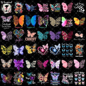 Pode incluir: Uma coleção de designs com tema de borboletas em um fundo preto. Cada design apresenta uma borboleta com texto inspirador, incluindo frases como "Be Transformed", "Faith" e "Believe". As borboletas são de várias cores e estilos.