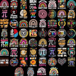 K&ouml;nnte beinhalten: Eine Sammlung farbenfroher Grafikdesigns zur Feier des Pi-Tages, mit dem mathematischen Symbol &pi;, Regenb&ouml;gen und S&auml;tzen wie "Happy Pi Day" und "Be Irrational". Designs beinhalten Kuchenst&uuml;cke und das Datum 3.14.