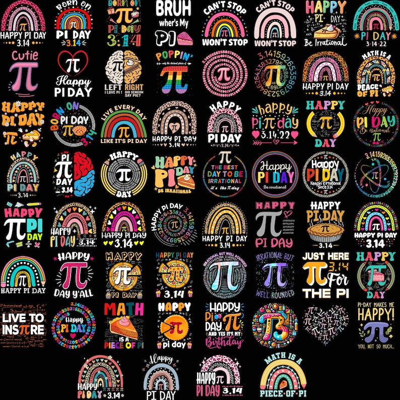 K&ouml;nnte beinhalten: Eine Sammlung farbenfroher Grafikdesigns zur Feier des Pi-Tages, mit dem mathematischen Symbol &pi;, Regenb&ouml;gen und S&auml;tzen wie "Happy Pi Day" und "Be Irrational". Designs beinhalten Kuchenst&uuml;cke und das Datum 3.14.
