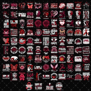 以下が含まれることがあります： 鎌状赤血球症啓発に関連するテキストを含む、赤と黒のグラフィックデザインのコレクション。デザインには、リボン、ハート、蝶、「Support Squad」などのフレーズが含まれています。