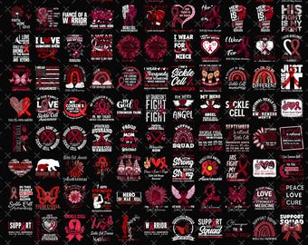 100+ Sickle Cell Awareness Bundle PNG, Burgundy Ribbon Warrior Clipart, Support Squad Survivor Digital Red Black Designs